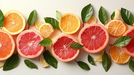 a group of grapefruits and oranges cut in half with leaves on a white background with green leaves.