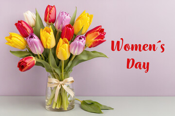 Photo Card with a bouquet of colorful tulips and free space, Women's Day,