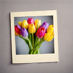  Photo Card with a bouquet of colorful tulips and free space, Women's Day,