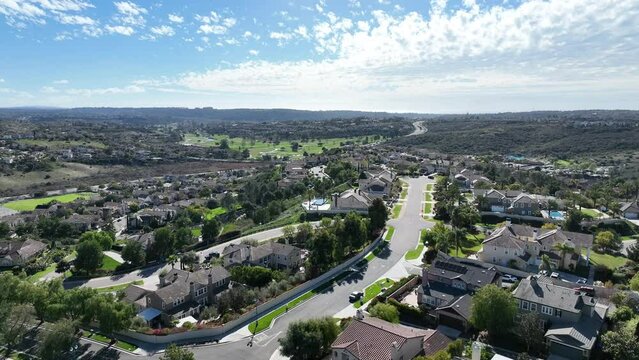 Aerial view of large-scale villa in wealthy residential town of Carlsbad, South California, USA. High quality 4k footage