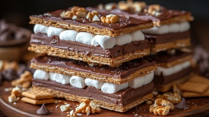 Fototapeta na wymiar a stack of s'mores sitting on top of a wooden platter covered in marshmallows.