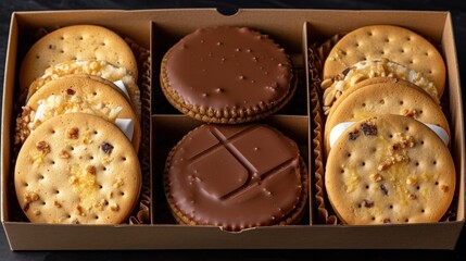 a box of cookies with chocolate frosting and a cookie with a chocolate frosting and a cookie with a cross on it.