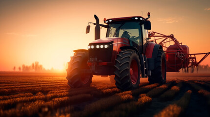 Fototapeta premium The silhouette of a tractor in a field against the background of a sunset red-orange sky.
