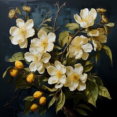 painting of lemon tree fruit, flowers, and foliage on a dark navy background. beautiful detailed artwork. 