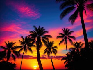 Fototapeta na wymiar Colourful palm trees silhouettes wallpaper 