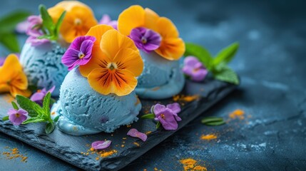 Obraz na płótnie Canvas a plate topped with ice cream covered in blue frosting and purple and yellow pansies on top of it.