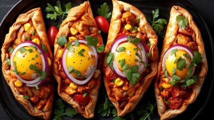a black plate topped with three tacos covered in meat and veggies and topped with a poached egg.