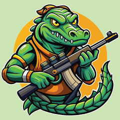 crocodile with a gun, logo, mascot, game, gamer, illustration, art, design