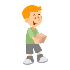 Little boy with blonde hair is lifting the box containing his toys. Vector image