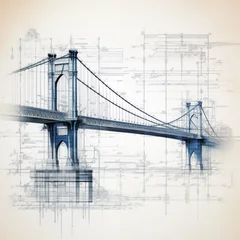 Papier Peint photo Pont du Golden Gate Engineering blueprint line drawing of golden gate bridge