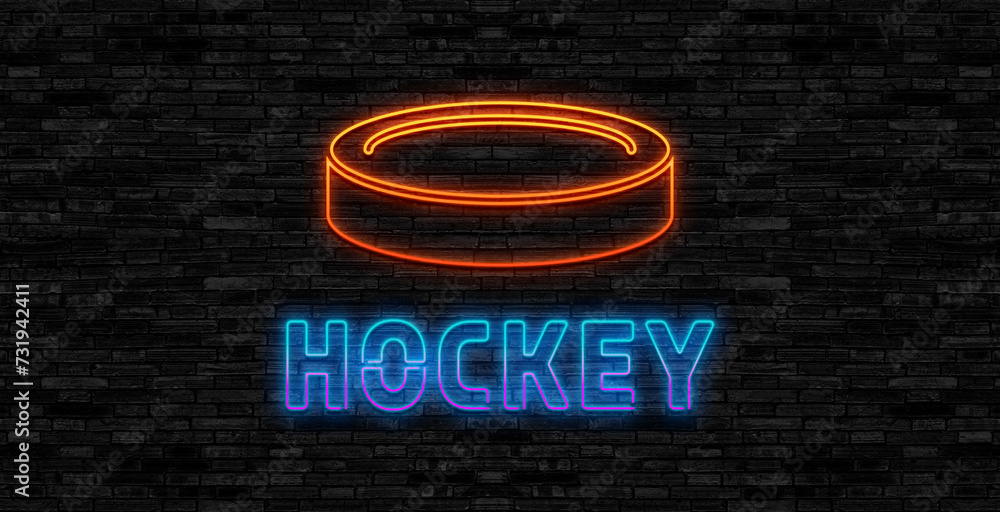 Wall mural Hockey championship neon sign with hockey sticks, puck and goalkeeper helmet in shield frame. Ice hockey competition logo, emblem, symbol design. Vector illustration.