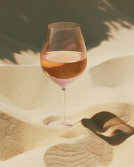 Rose wine in an elegant glass is placed on the sand. The sunlight passes through the glass and reflects the light onto the sand. Magazine photography.