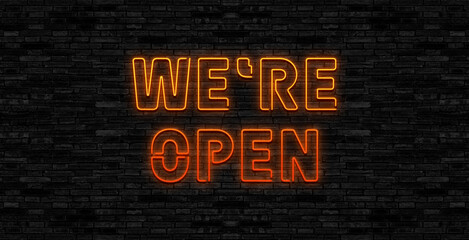 Come in we're open neon hanging sign. Sign for door. Neon icon. Vector illustration.