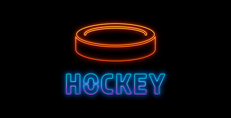 Hockey championship neon sign with hockey sticks, puck and goalkeeper helmet in shield frame. Ice hockey competition logo, emblem, symbol design. Vector illustration. - obrazy, fototapety, plakaty