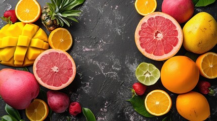 a table topped with fruits and vegetables on top of a black stone counter topped with oranges, raspberries, lemons, pineapples, and pineapples. - obrazy, fototapety, plakaty