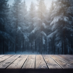 Wooden tabletop against the backdrop of a winter forest landscape, podium, stage for displaying goods