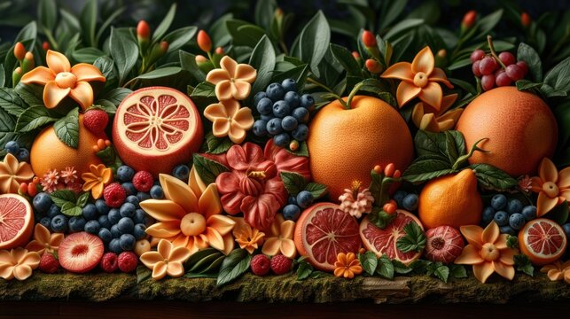 a painting of oranges, blueberries, raspberries, and other fruits with leaves and flowers on a piece of wood.