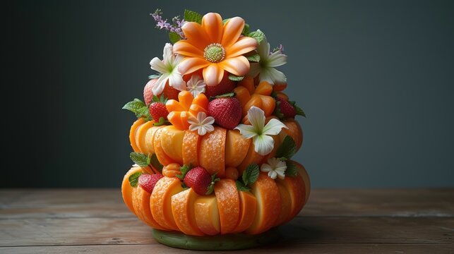 a decorative arrangement of oranges and strawberries on top of each other with flowers and leaves on top of them.