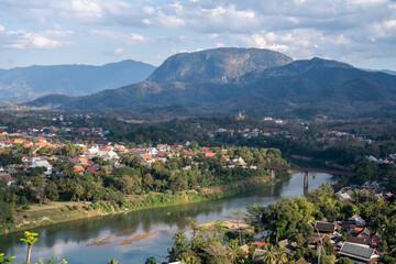 View of the countryside and the city of Luang Prabang from the top of Mount Phousi in Laos,...