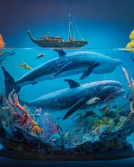 Celebrating National Maritime Day with a surreal underwater tableau, where vibrant coral reefs teem with life and playful dolphins frolic in the crystal-clear water