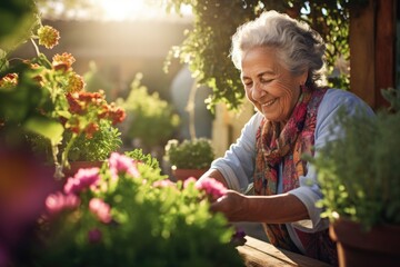 Smiling senior woman working on her home garden - obrazy, fototapety, plakaty