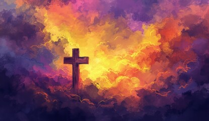 watercolor cross in the sky with clouds Generative AI - obrazy, fototapety, plakaty
