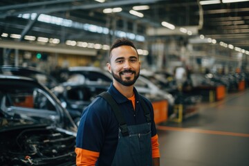 Smiling young man working in a automotive factory
