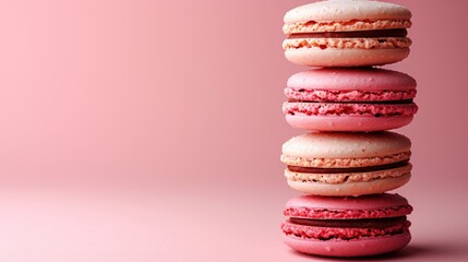 Fototapeta na wymiar a stack of three macaroons sitting on top of each other on top of a pink surface in front of a pink background.