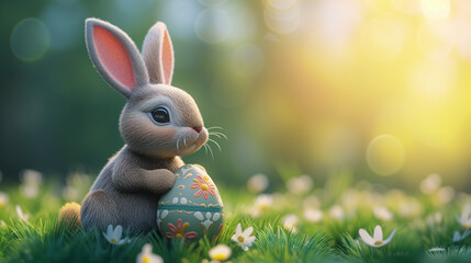 Easter bunny with easter eggs, cute rabbit holding decorated egg in hands, fresh morning of the beginning of the spring season,Christian festival and cultural holiday theme