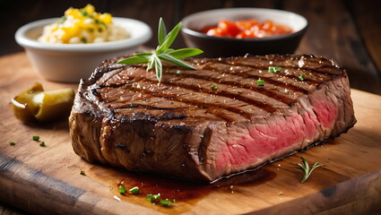 Grilled delicious steak on a wooden board