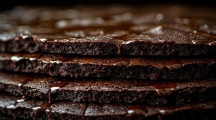 a stack of brownies sitting on top of a table covered in chocolate frosting and drizzled with chocolate. - obrazy, fototapety, plakaty