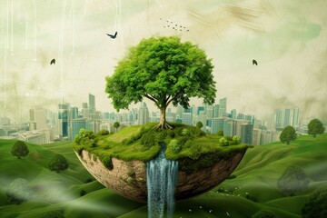 Illustration of a floating island with a cross-section that reveals earth, supporting a green tree on top. In the distance there is a skyline of modern skyscrapers. Concept of sustainability.
