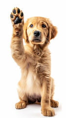 Golden Retriever Puppy High Five.
Adorable golden retriever puppy raising paw for a high five against white background. - obrazy, fototapety, plakaty