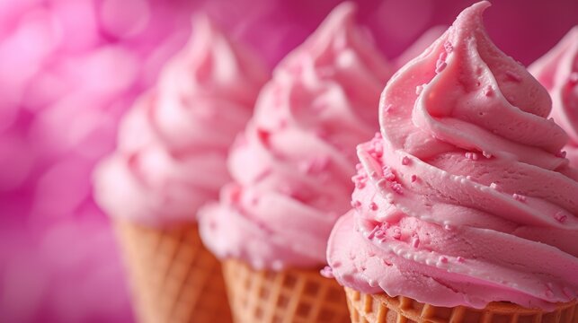 a close up of three ice cream cones with pink icing on top of each of the ice cream cones.