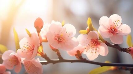 Beautiful blossoming apricot or soft pink sakura flowers with smooth bokeh sun light for spring bright natural background.