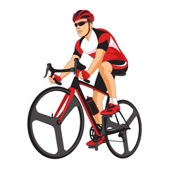 a man is riding a bicycle fast. wear full equipment. helmet and gloves. Vector Image