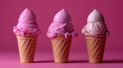 three ice cream cones are lined up in a row on a pink background, with a pink background behind them.
