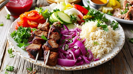 A fragrant d&ouml;ner plate with aromatic basmati rice and grilled bell peppers.