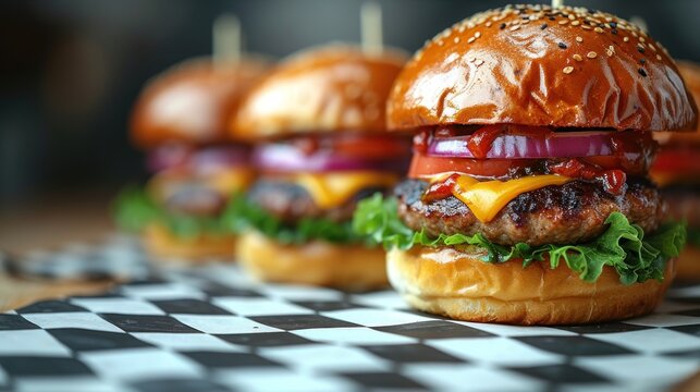 a group of hamburgers sitting on top of a black and white checkered tablecloth covered in ketchup.