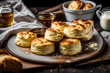 A platter of fluffy buttermilk biscuits with melted butter. 