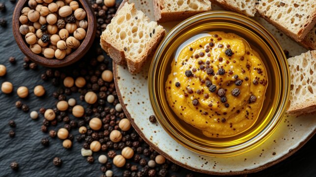 a white plate topped with bread and a bowl filled with hummus next to a bowl of chickpeas.