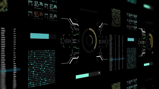 Hud - graphical user interface, tech circles motion graphic in style of green, neon blue and yellow on dark background with other hi-tech elements. Technology and futuristic concept.
