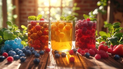 a couple of glasses filled with fruit next to a bunch of blueberries and raspberries on a table.