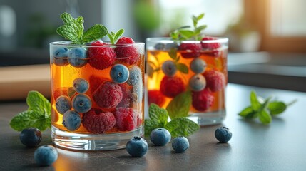 blueberries, raspberries, and mint sprigs are in a glass of water on a table.