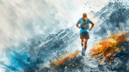 Watercolour style, illustration of a  trail runner conquering rugged terrain, expressing the determination of the athletic journey 