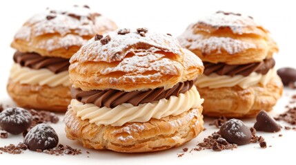 a close up of three pastries on a white surface with chocolate chips and powdered sugar on the side.