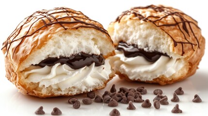 a close up of a pastry with chocolate and whipped cream on top of it and chocolate chips on the side.