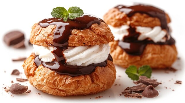 two croissants with ice cream, chocolate sauce and mint on a white surface next to chocolate chips.