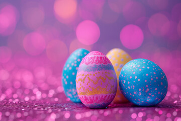 Fototapeta premium Colorful Easter eggs with a blurred glittered background