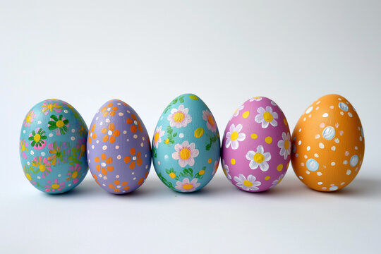 A row of painted Easter eggs on a white background.